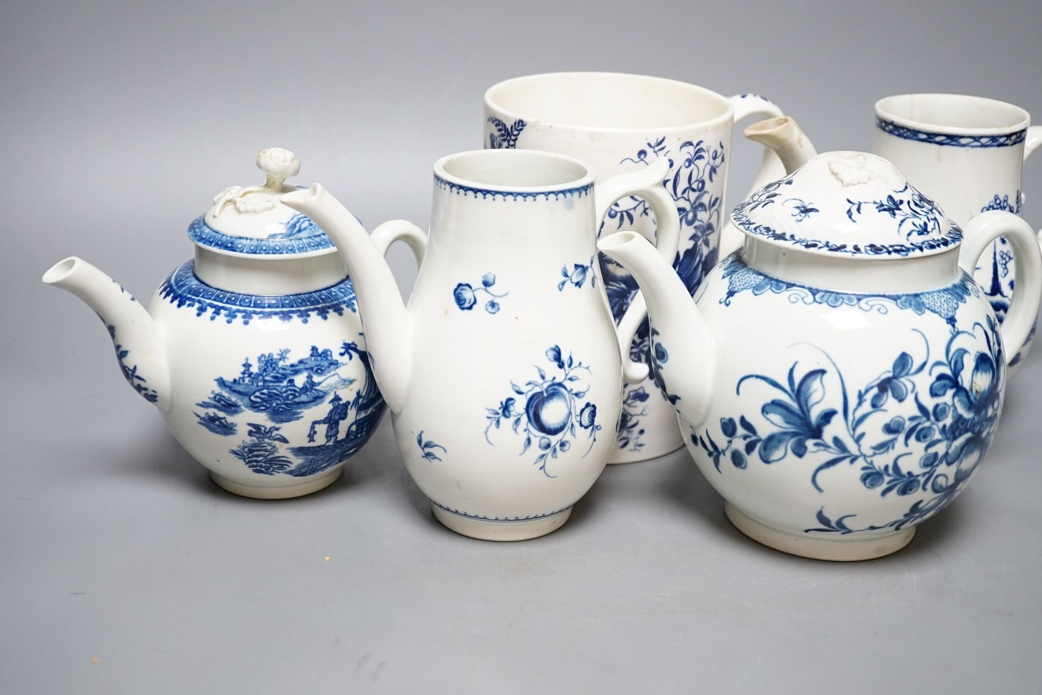 2 Worcester blue and white teapots, large Worcester jug and two coffee pots, 15cm